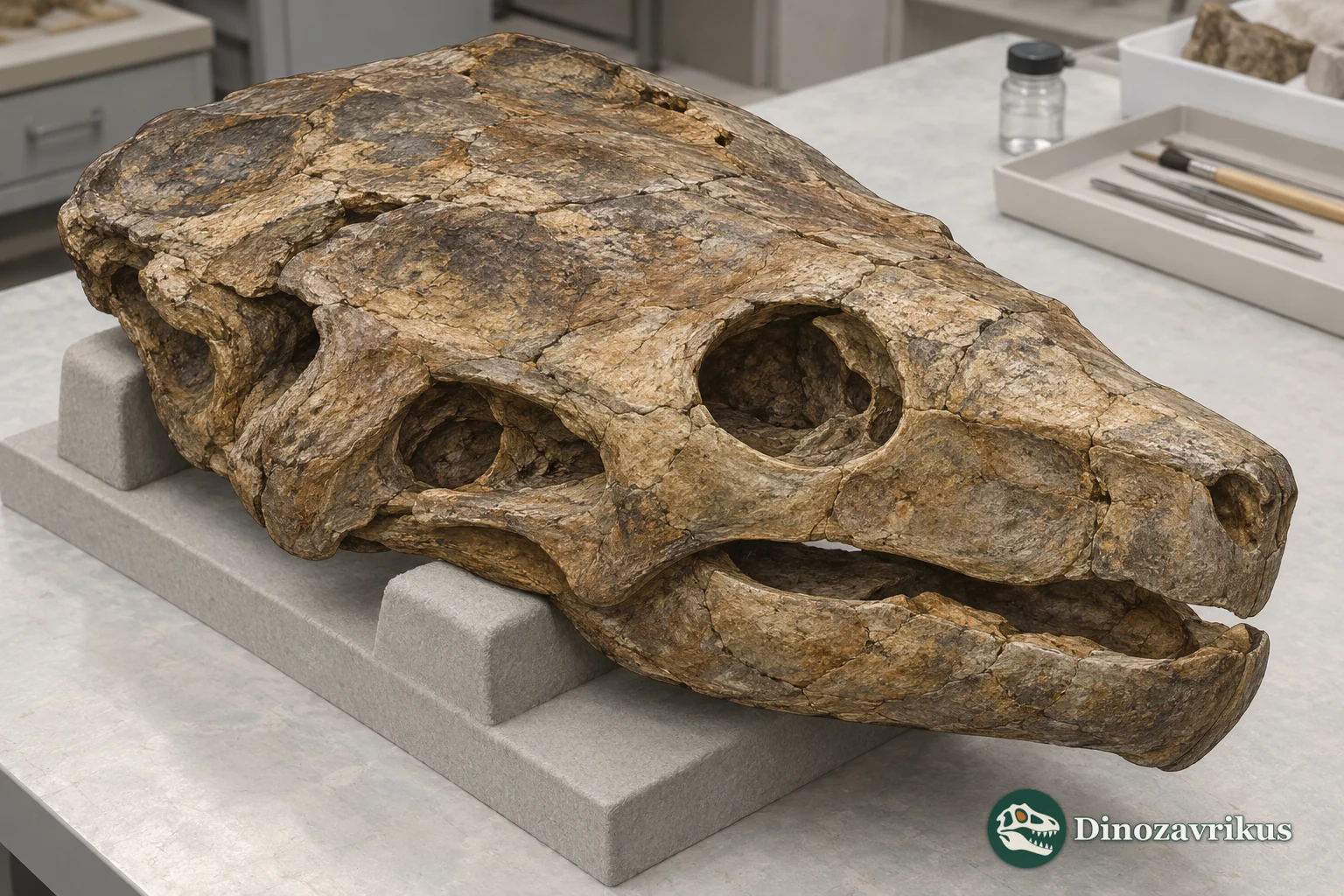 Educational reconstruction of a side-necked turtle skull in a museum study room