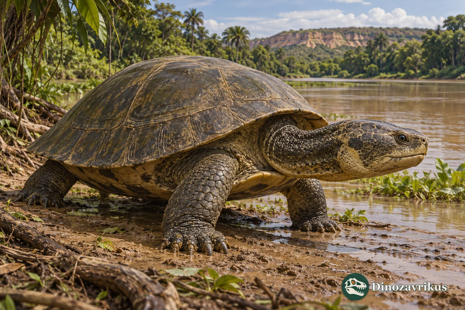 Artistic reconstruction of Carbonemys beside a Paleocene river in northern Colombia