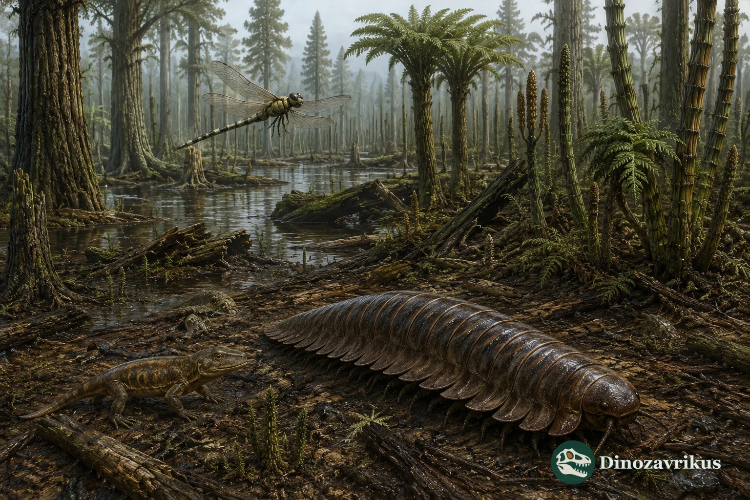 Carboniferous wetland reconstructed with an early tetrapod, Arthropleura and a large griffinfly