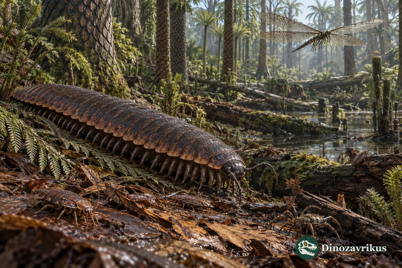 Arthropleura beside a large griffinfly in a Carboniferous wetland