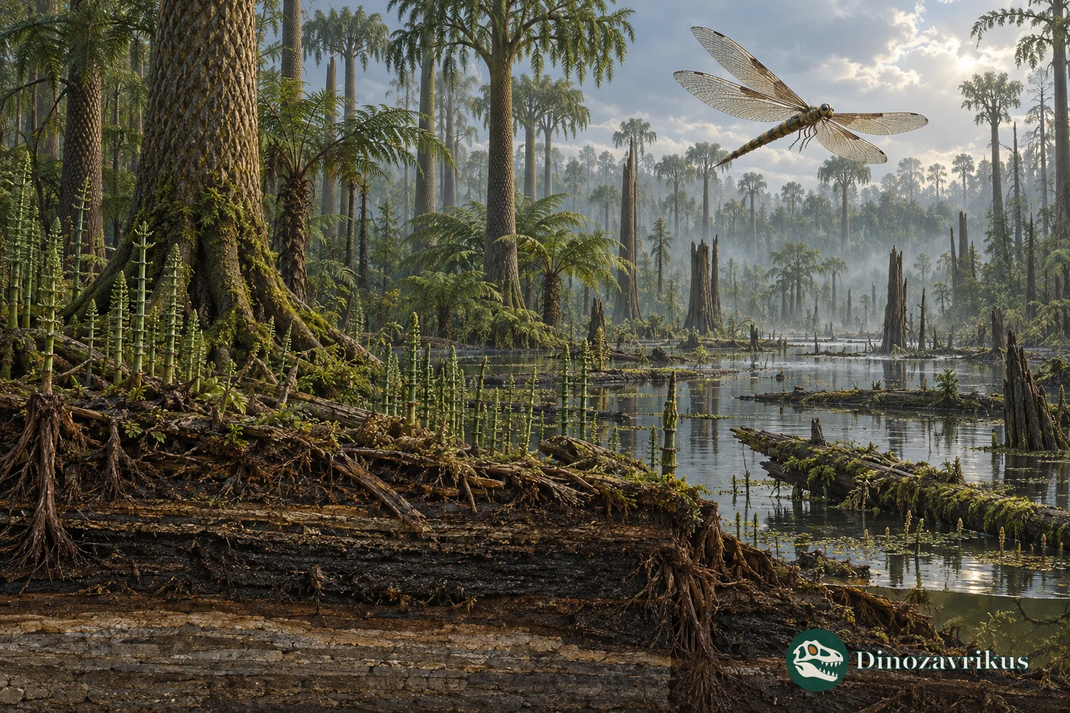 A Carboniferous coal swamp with peat layers in the foreground and a large griffinfly above the forest