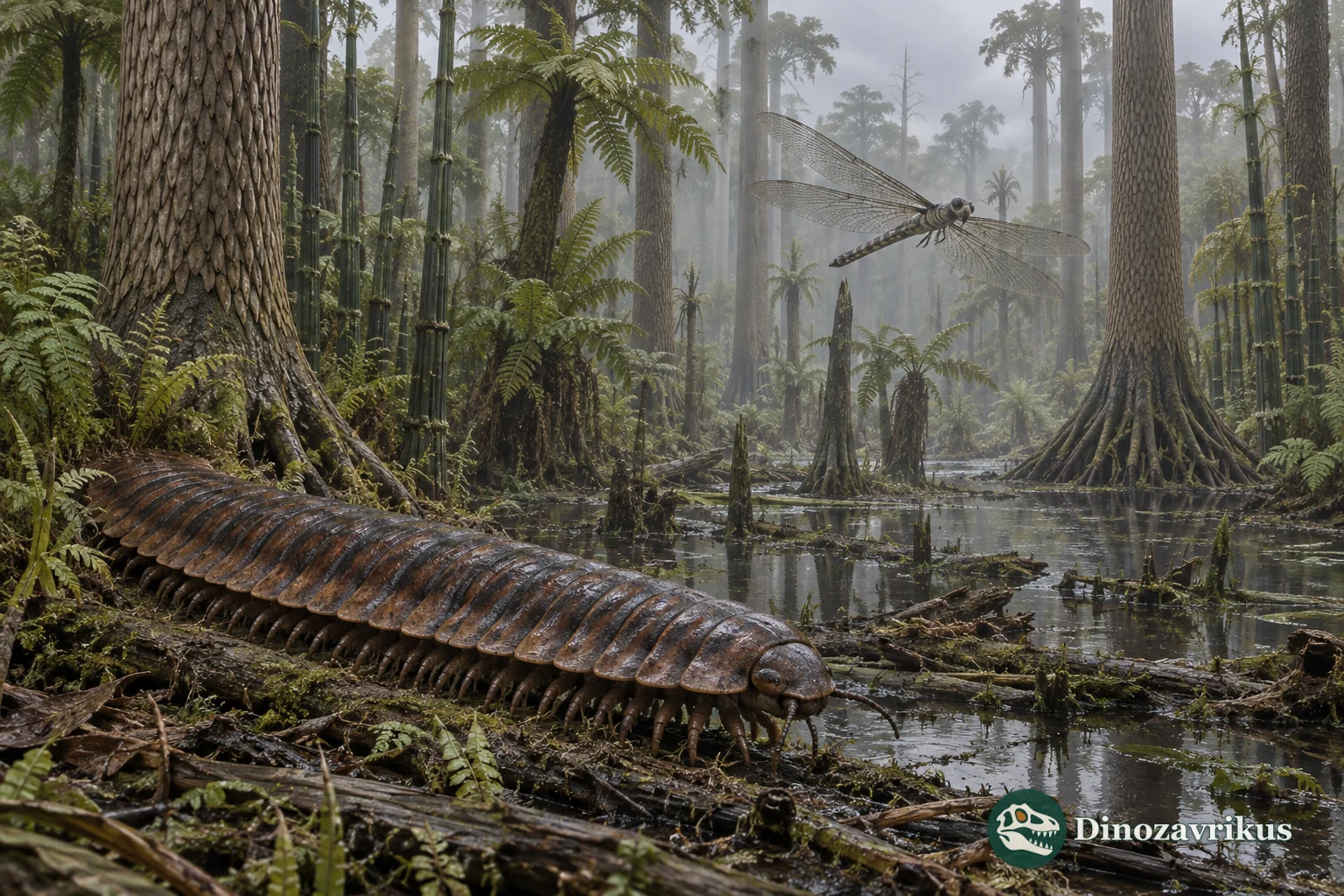 Reconstructed Carboniferous forest with giant plants and arthropods