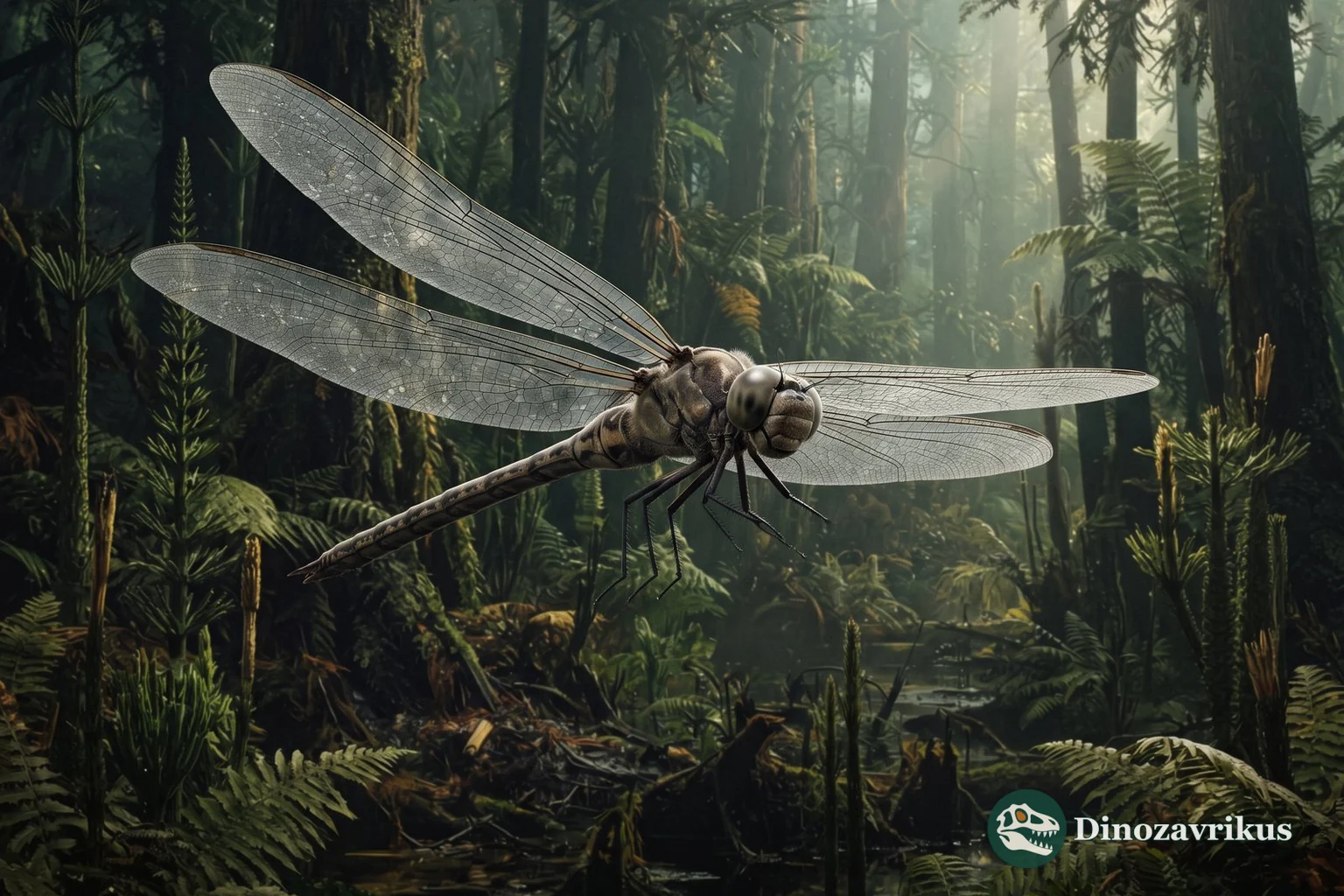 Large griffinfly reconstructed above a Carboniferous wetland forest