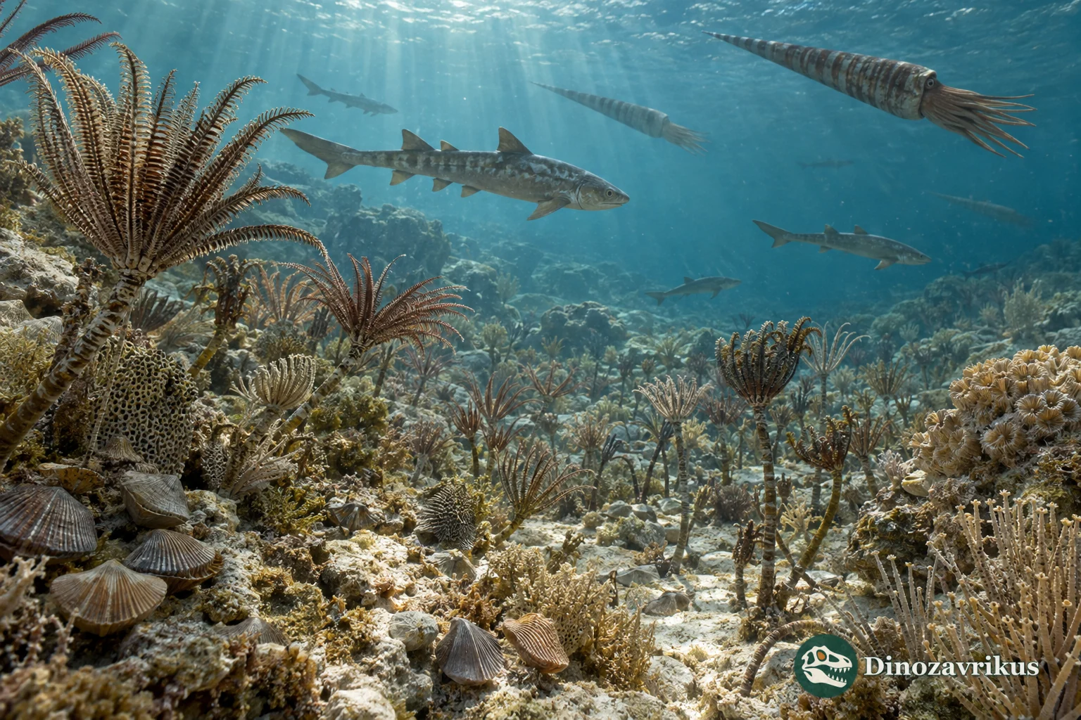 Mississippian shallow sea with crinoids, brachiopods, bryozoans and early sharks