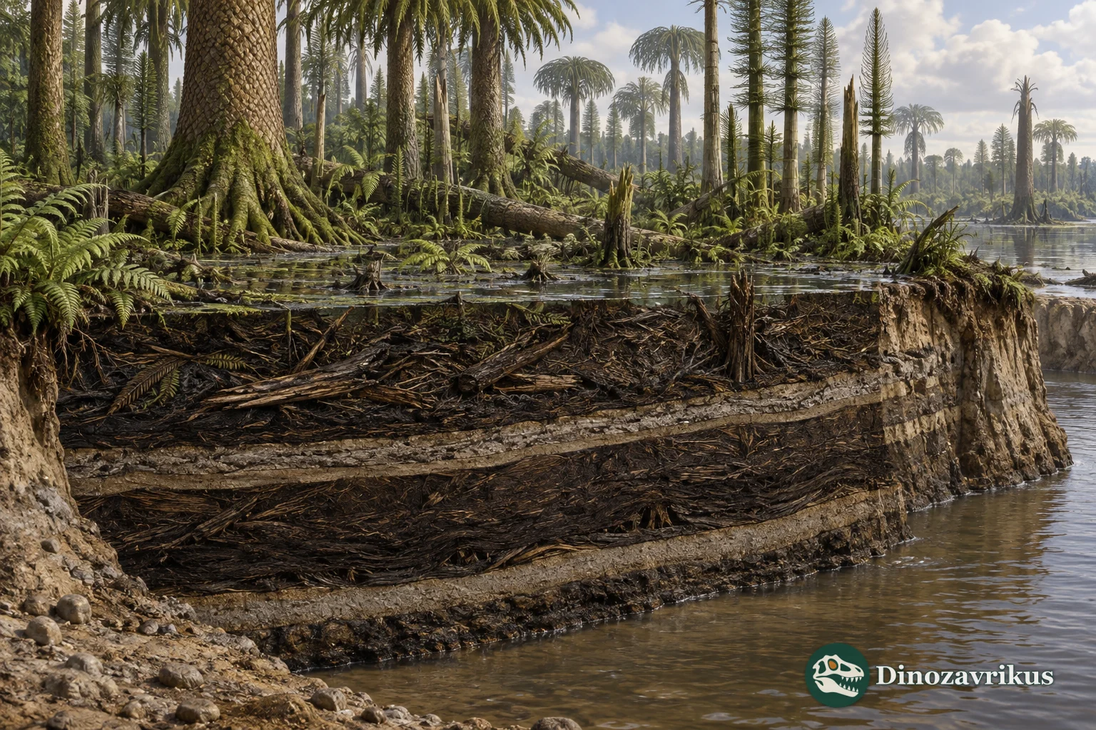 Cross-section through a Carboniferous wetland showing vegetation, peat, burial and a developing coal seam