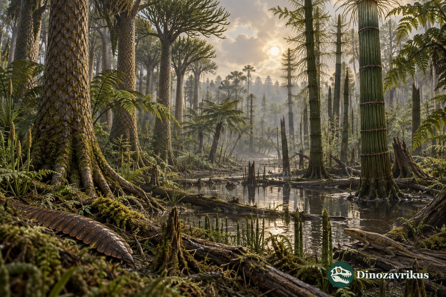 Pennsylvanian coal wetland with giant lycopsids, tree ferns, horsetail relatives and early tetrapods