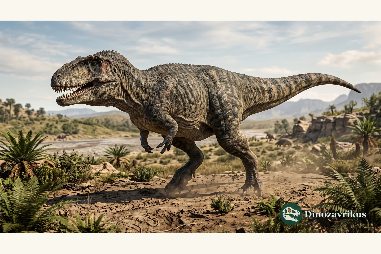 Carcharodontosaurus reconstructed in a Cenomanian North African river landscape
