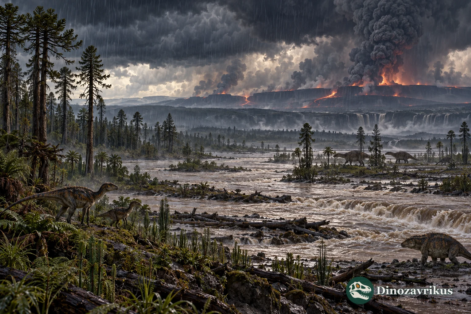 Late Triassic flood basalt landscape under heavy rain with early dinosaurs in the foreground