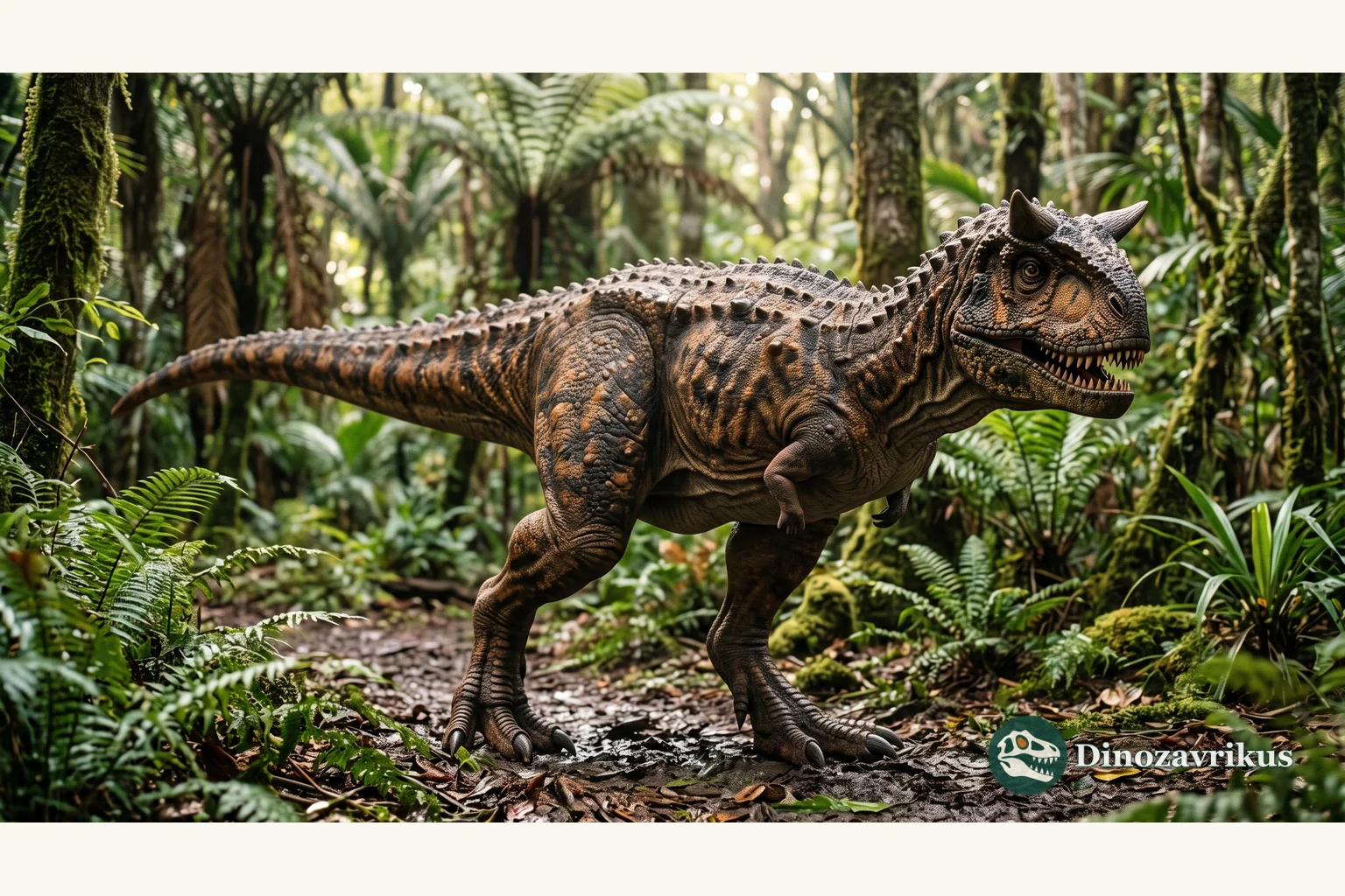 Carnotaurus reconstructed with paired brow horns in a Patagonian landscape