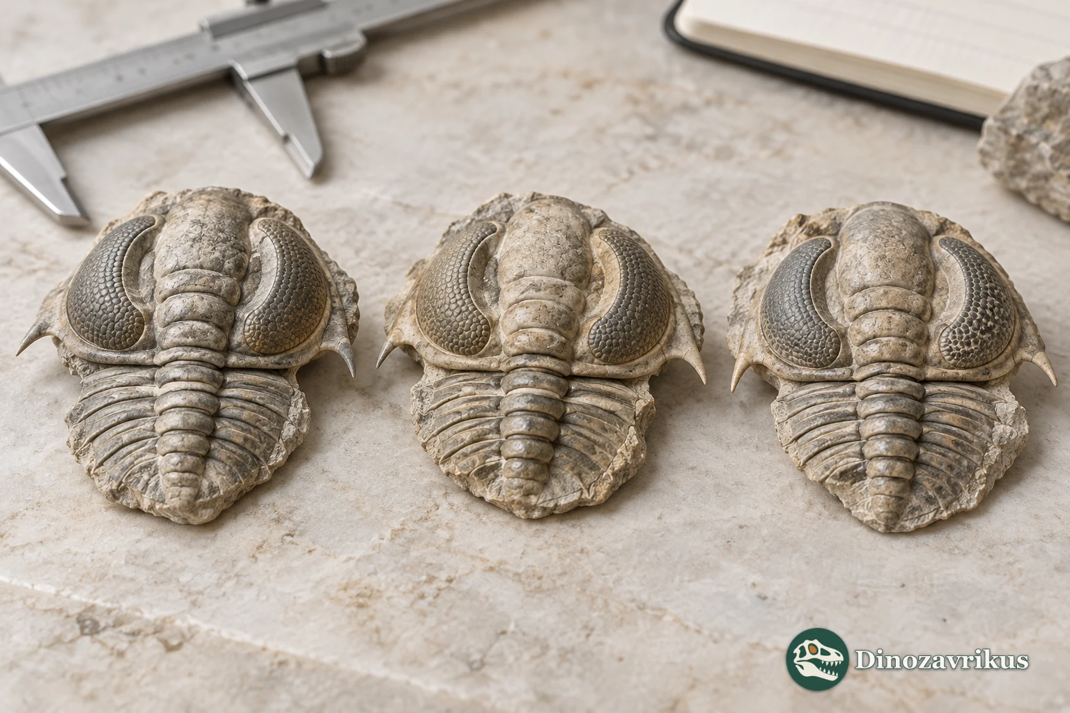 Illustrative research layout comparing three trilobite head-shield shapes beside a measuring tool