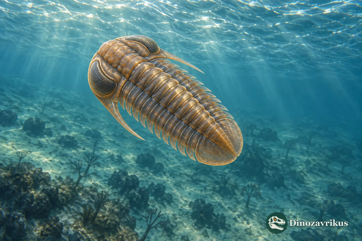 Artistic reconstruction of Carolinites with large compound eyes in an Ordovician sea