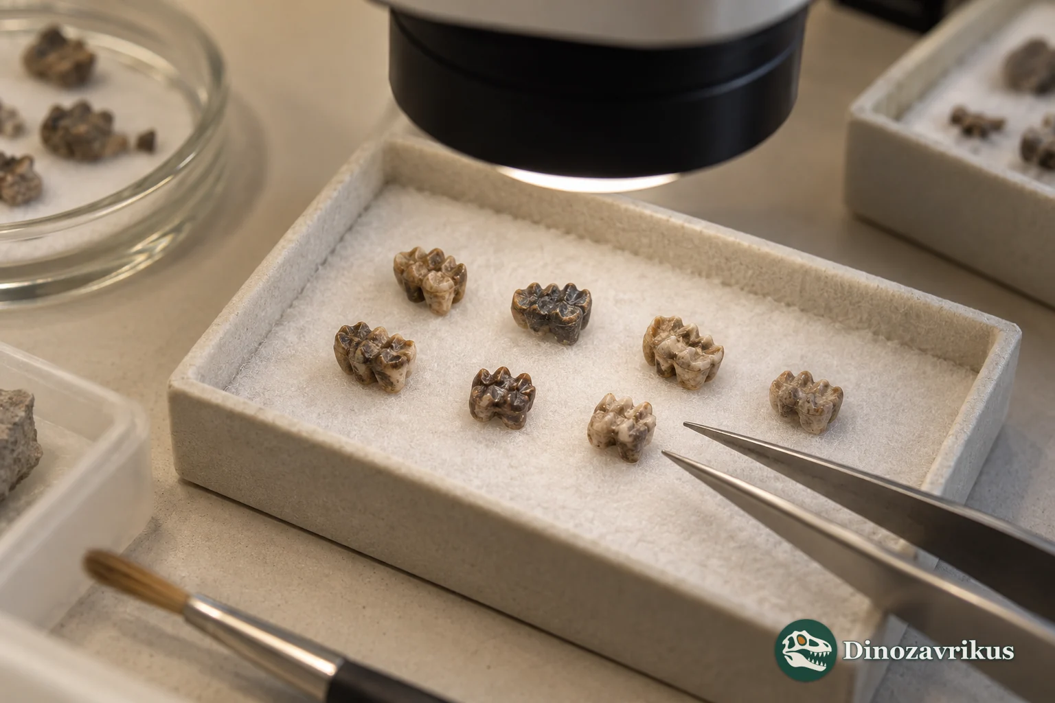 Illustrative tiny fossil murid molars beneath a stereomicroscope