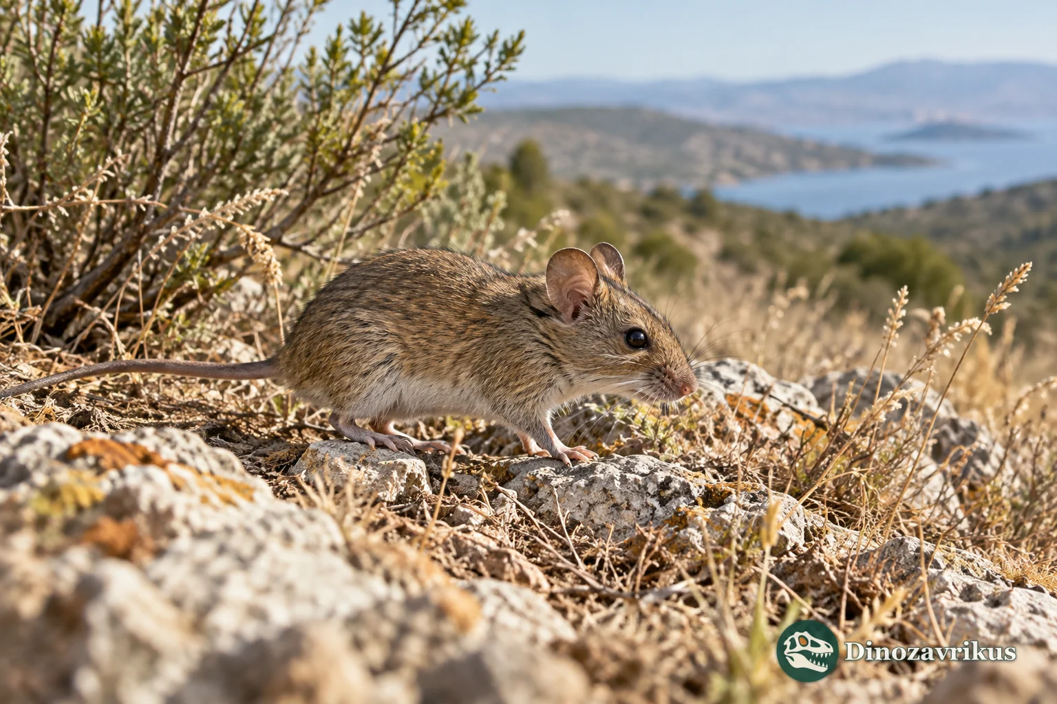 Artistic reconstruction of a small Castillomys-like murid in Mediterranean scrub