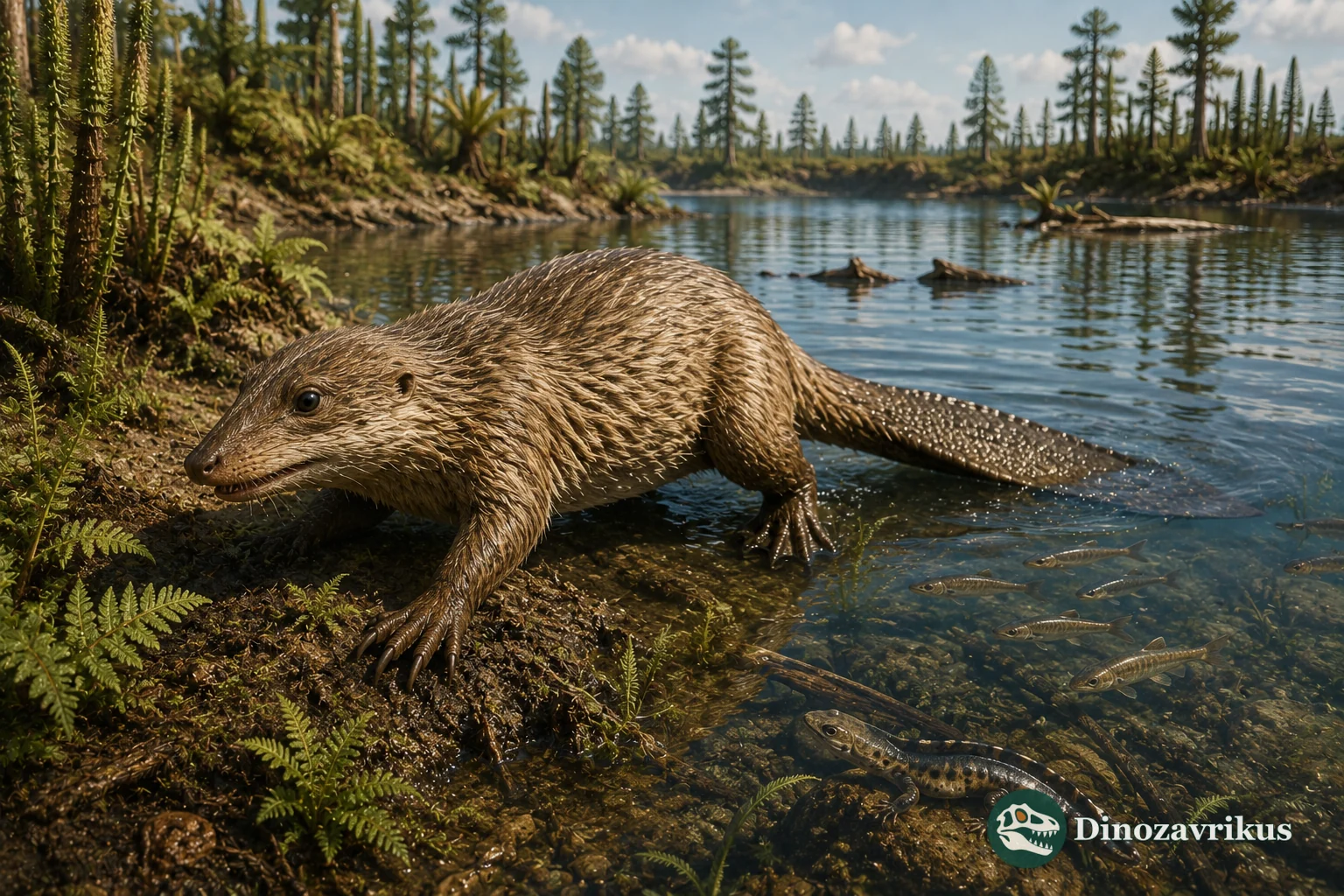 Castorocauda moving from a Jurassic lake onto its vegetated shore