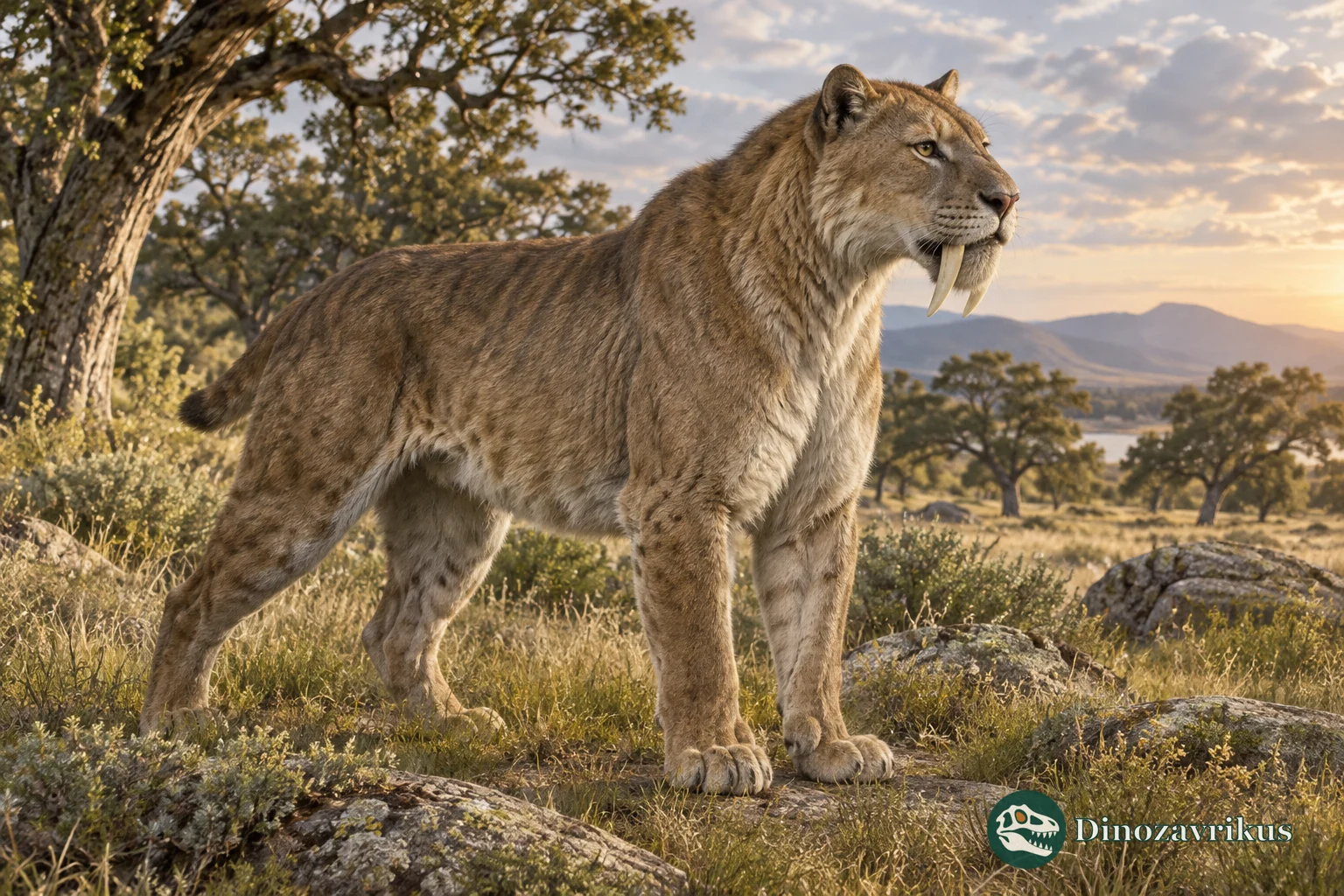 A sabre-toothed machairodont cat standing alert at the edge of open woodland