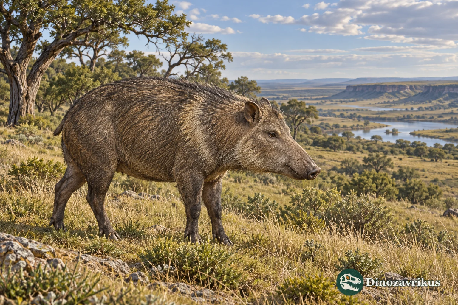 Artistic reconstruction of a fossil peccary on a South American plain