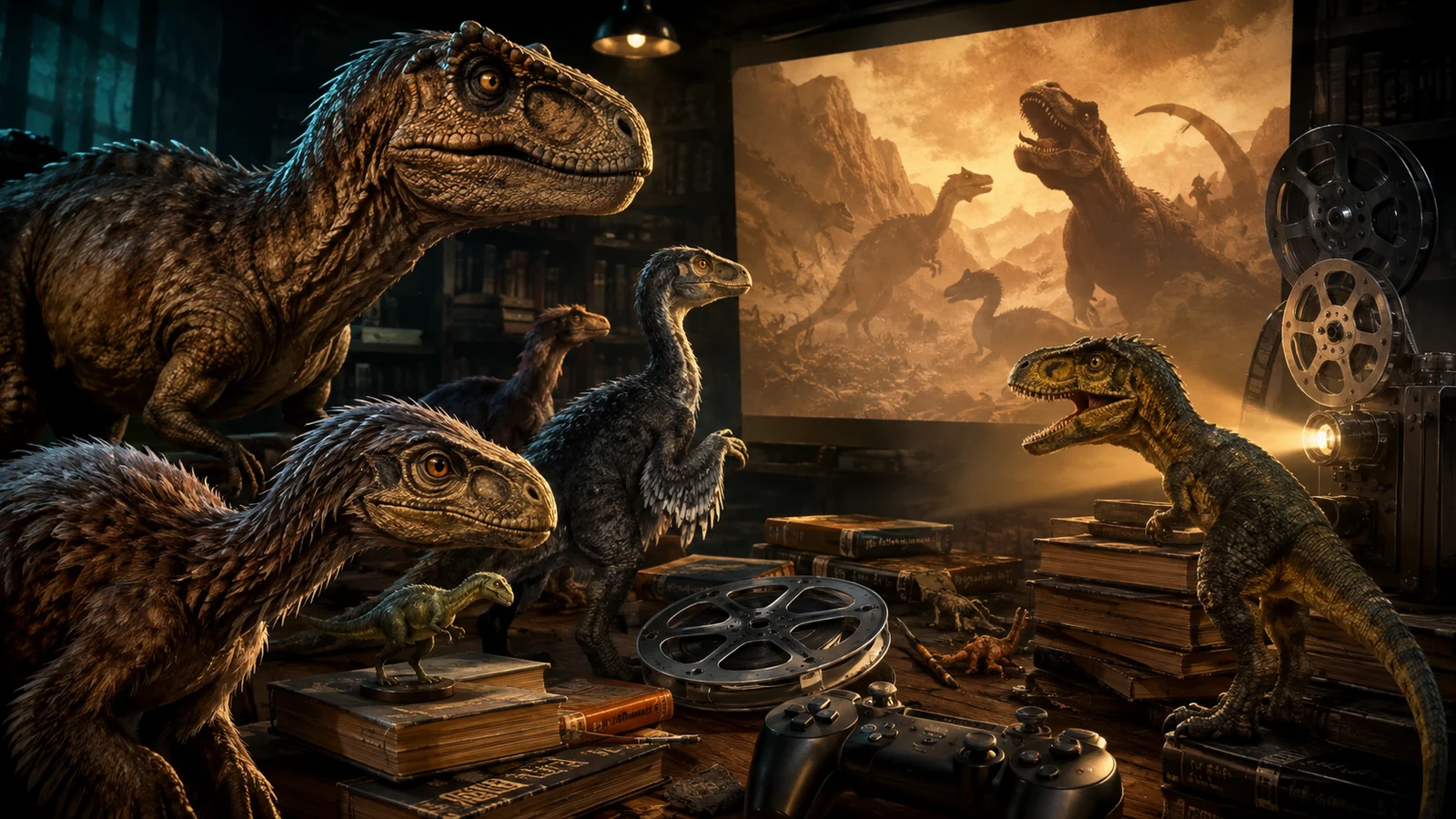 Illustration of dinosaurs exploring films, books and games