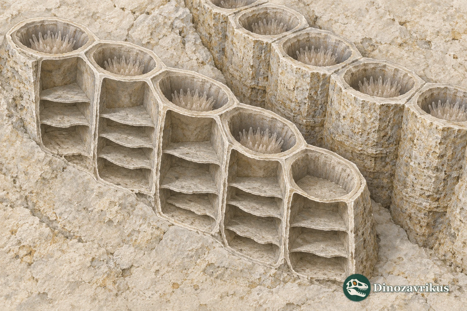 Educational longitudinal section through Catenipora corallite chains and tabulae