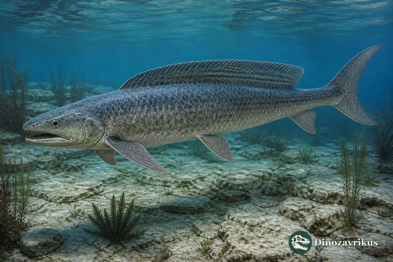 Caturus furcatus swimming in a Jurassic marine basin