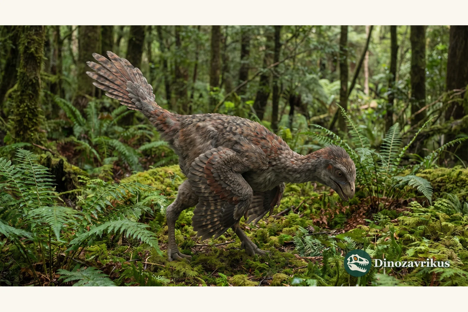 Caudipteryx reconstructed in the Early Cretaceous forest and lake country of Liaoning