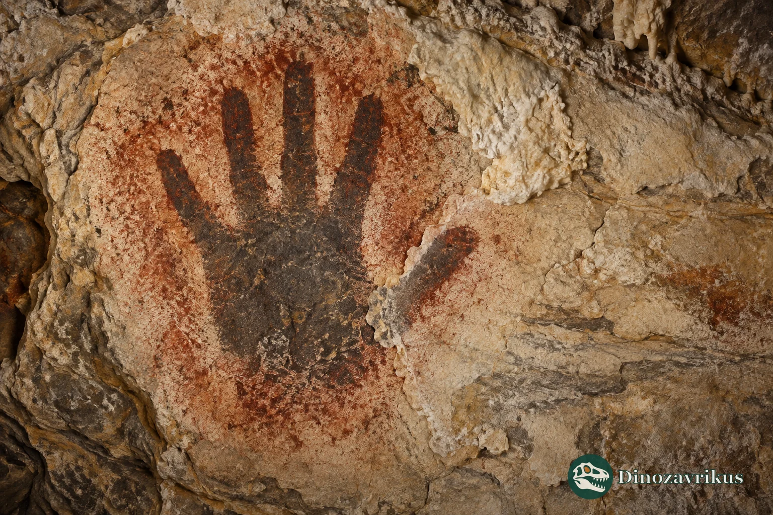 Red hand stencil on a limestone cave wall with a pale mineral crust crossing part of the outline