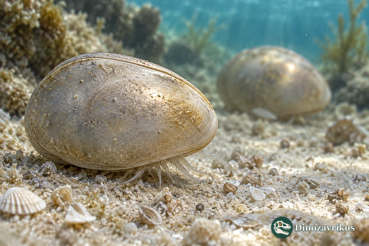 Smooth oval Cavellina ostracod with paired calcitic valves and subtle ventral appendages on marine sediment