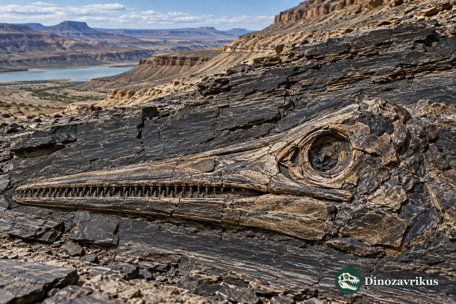 Illustrated ichthyosaur skull fossil in Vaca Muerta sediment