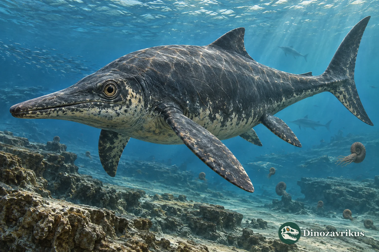 Artistic reconstruction of Caypullisaurus swimming in a Patagonian sea
