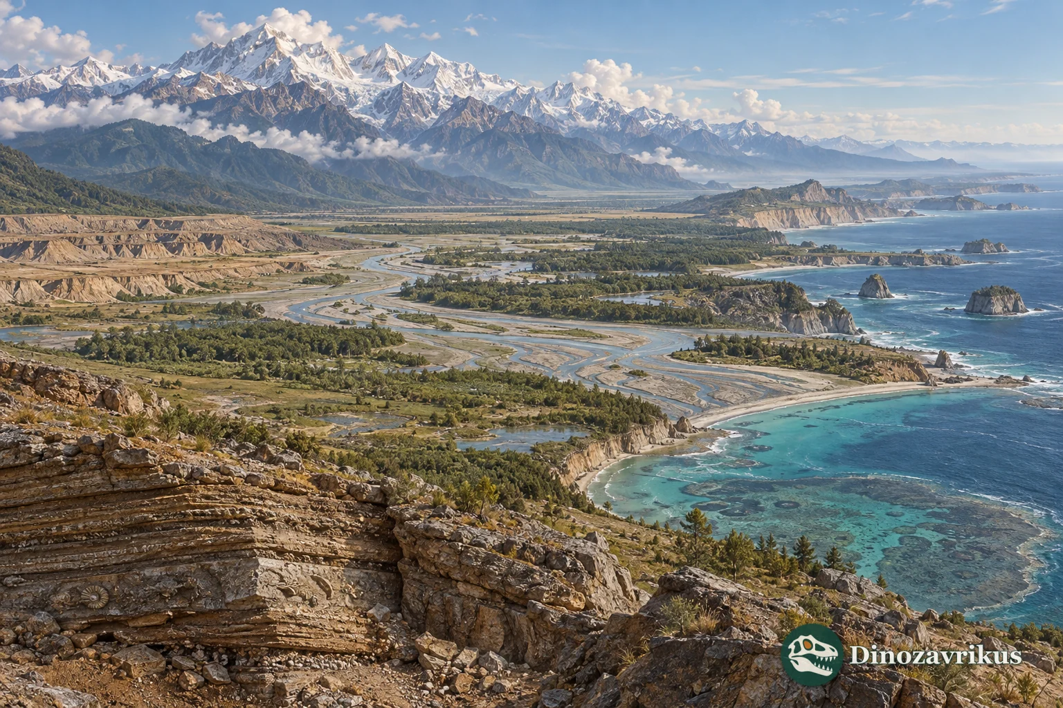 A geological panorama showing a mountain collision zone, a rift valley and changing coastlines across deep time