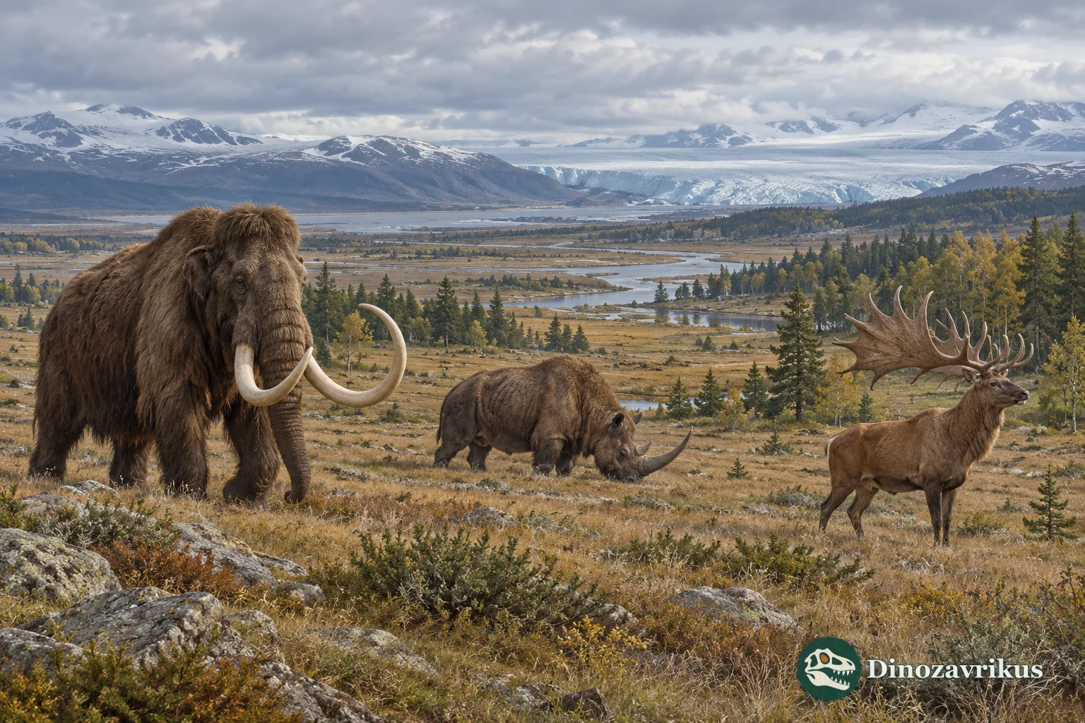A woolly mammoth, woolly rhinoceros and giant deer in a changing late Pleistocene landscape