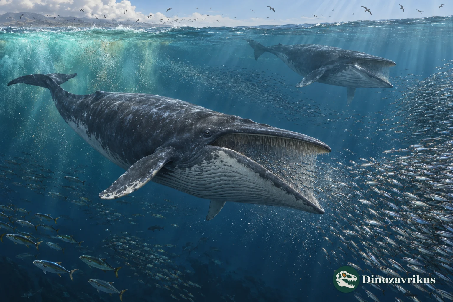 A composite reconstruction of Miocene marine life with whales over a productive ocean