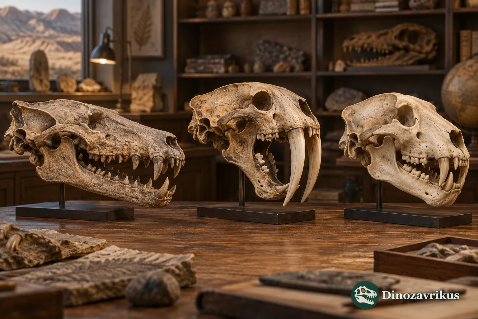 Three fossil predator skull reconstructions compared on a museum study table