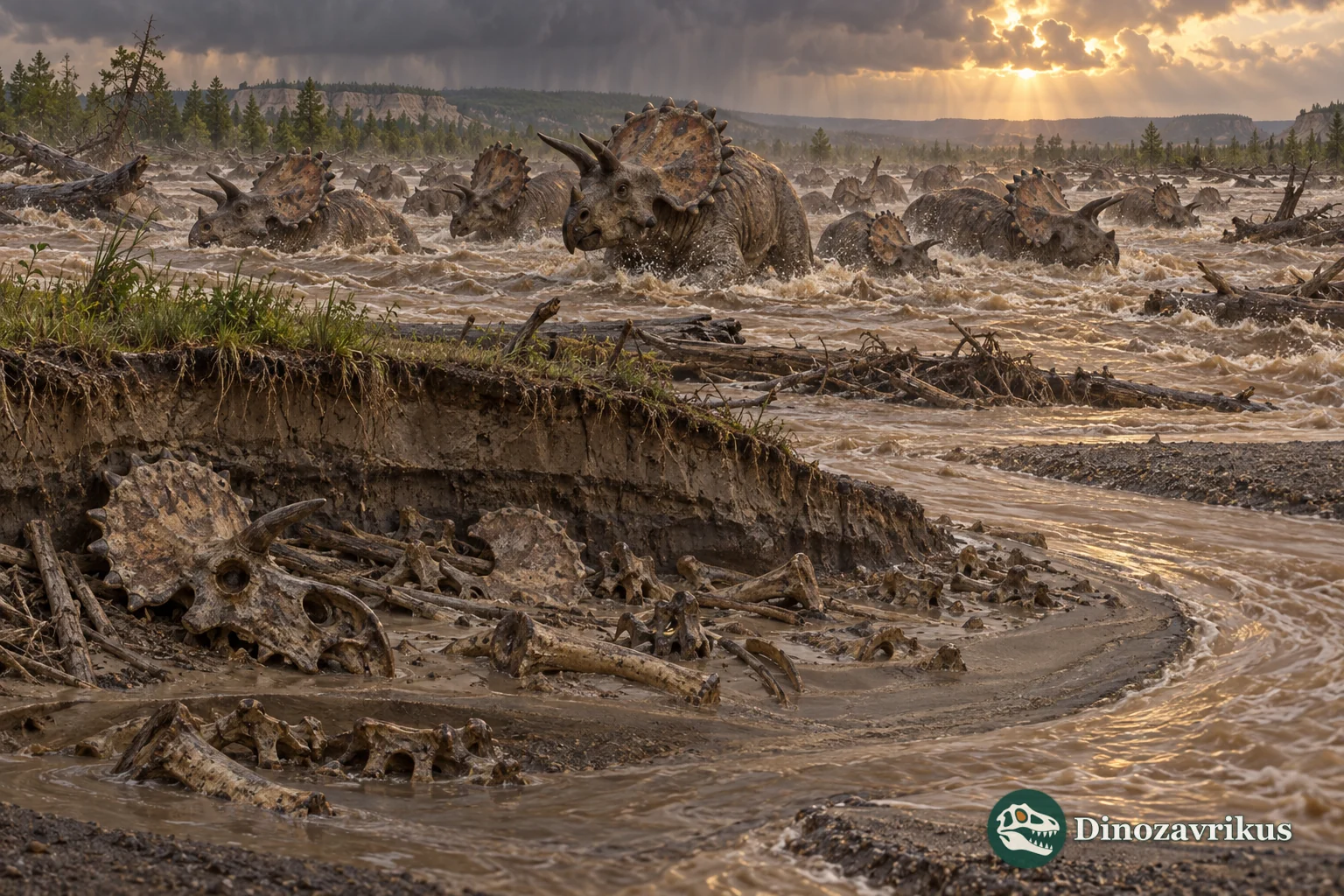 Centrosaur group in a flood and the later bone accumulation