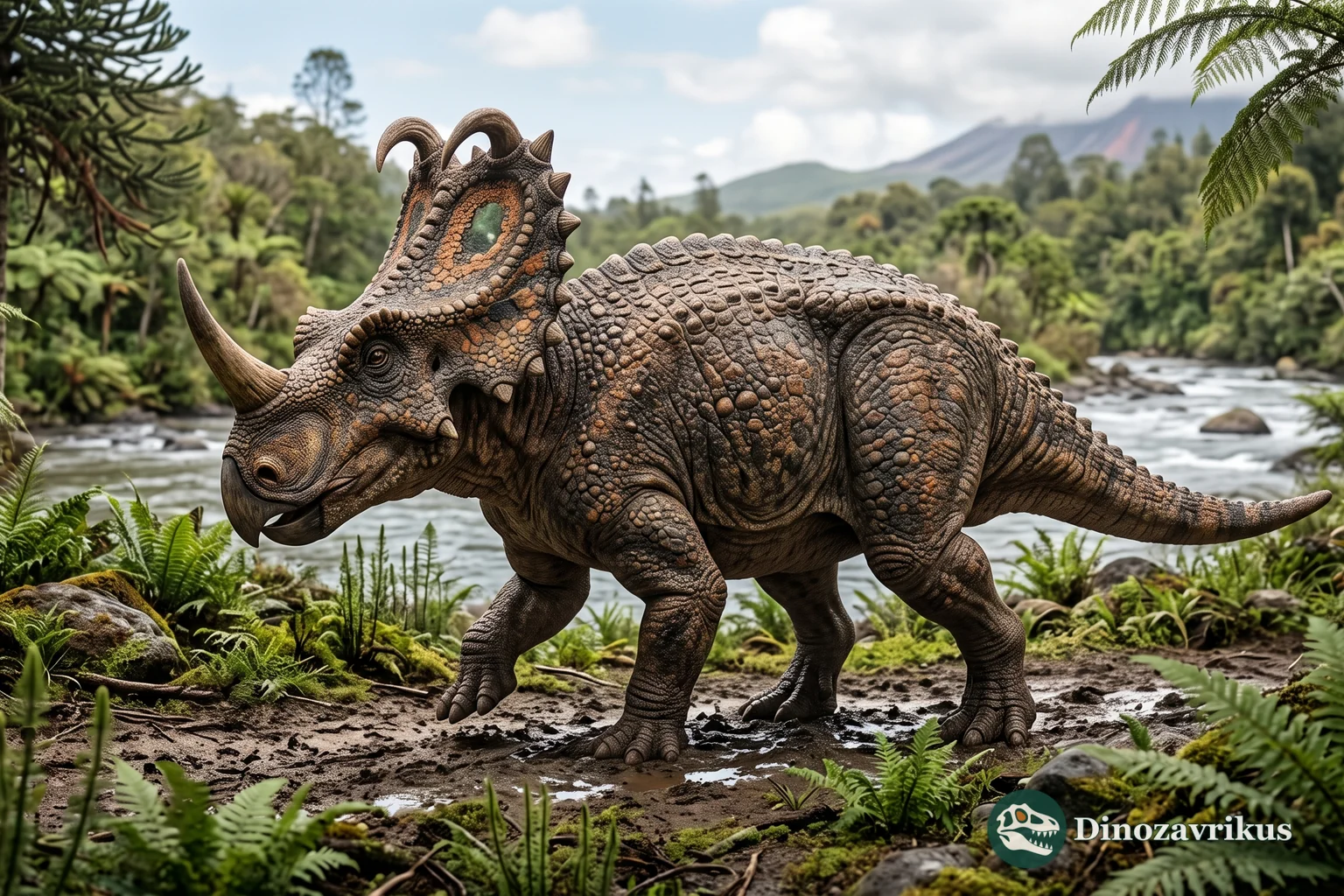 Reconstruction of Centrosaurus in a riverine landscape