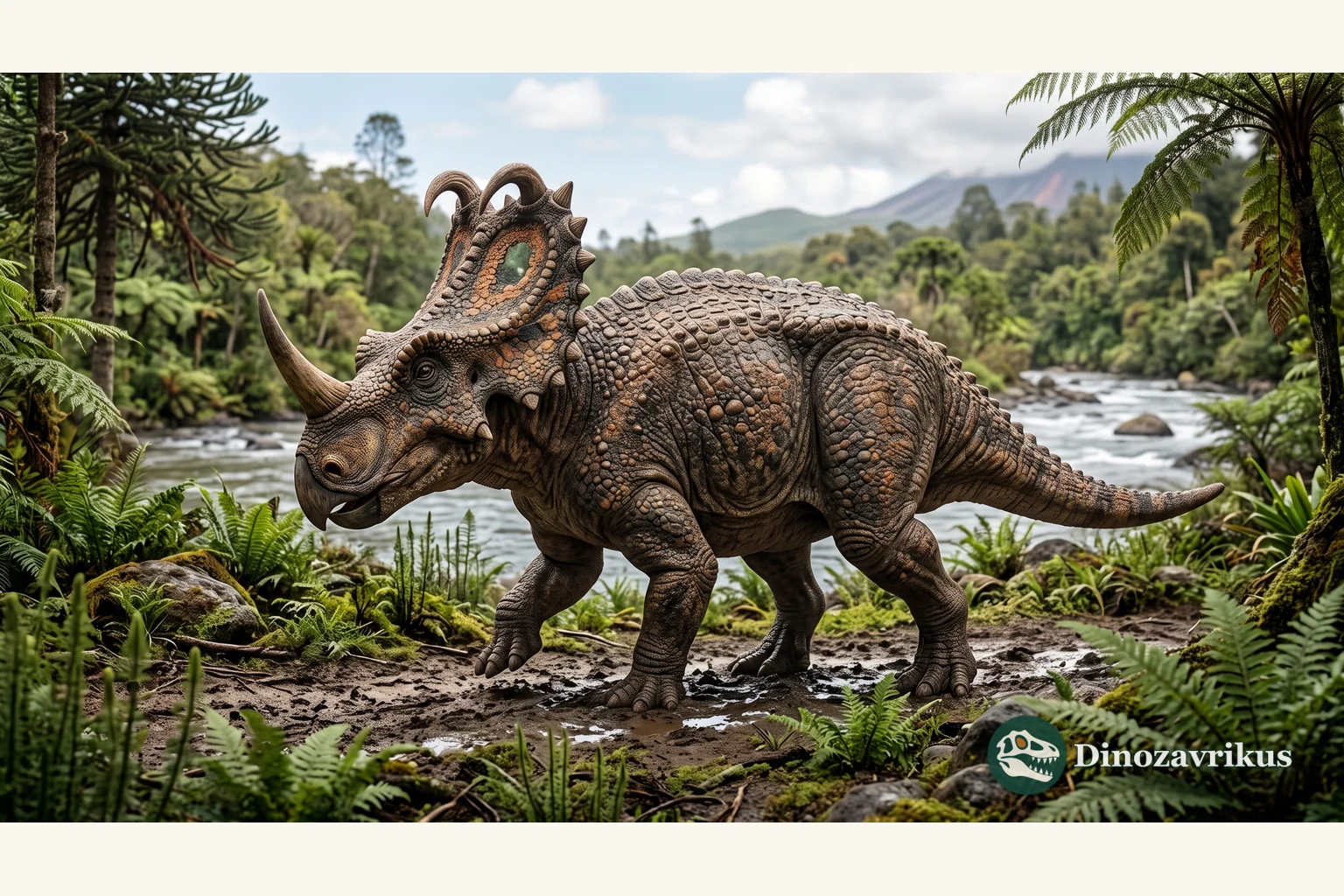 Reconstruction of Centrosaurus in a riverine landscape