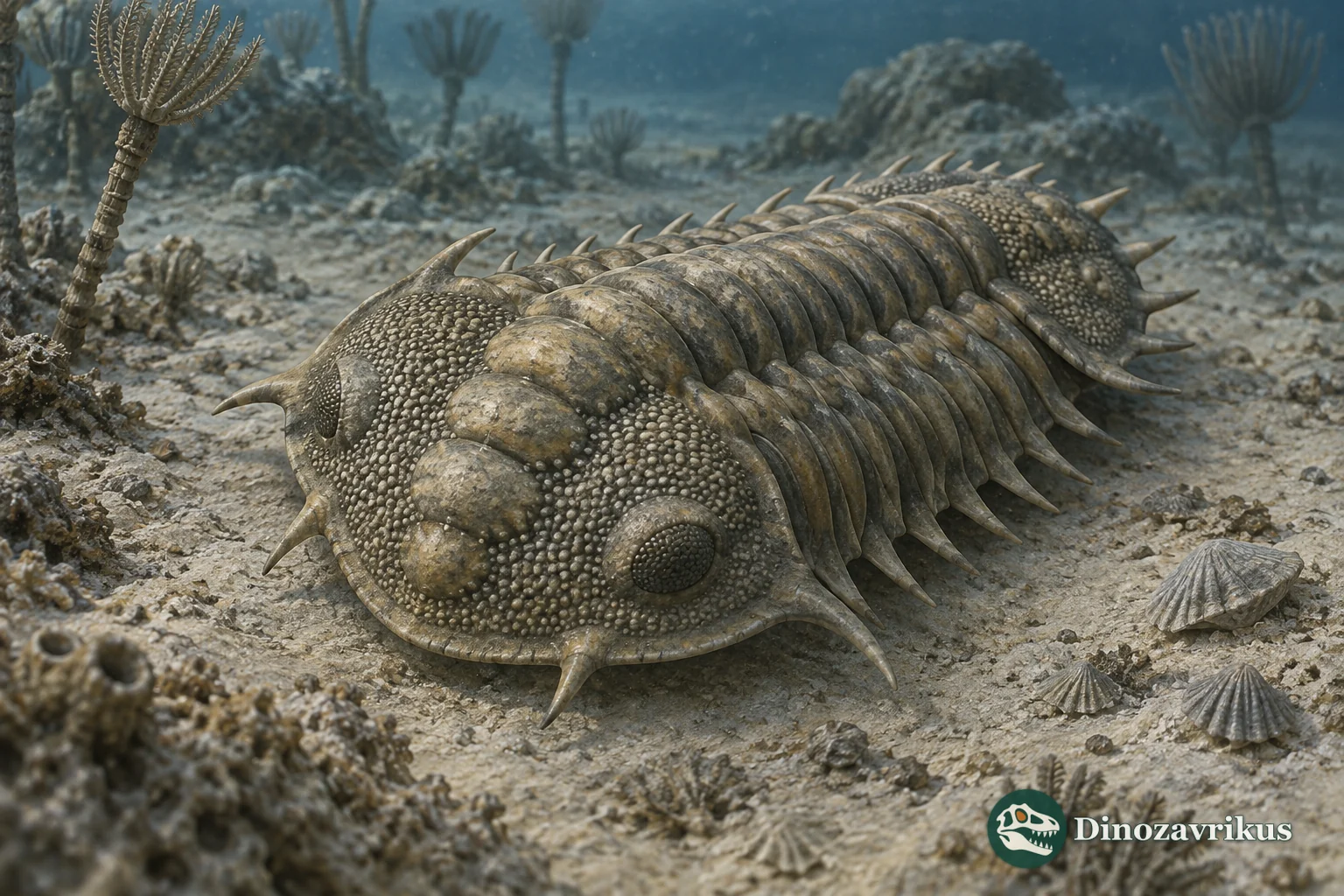 Spiny Ceratocephala trilobite with a tubercled head shield and many marginal spines on an Ordovician sea floor