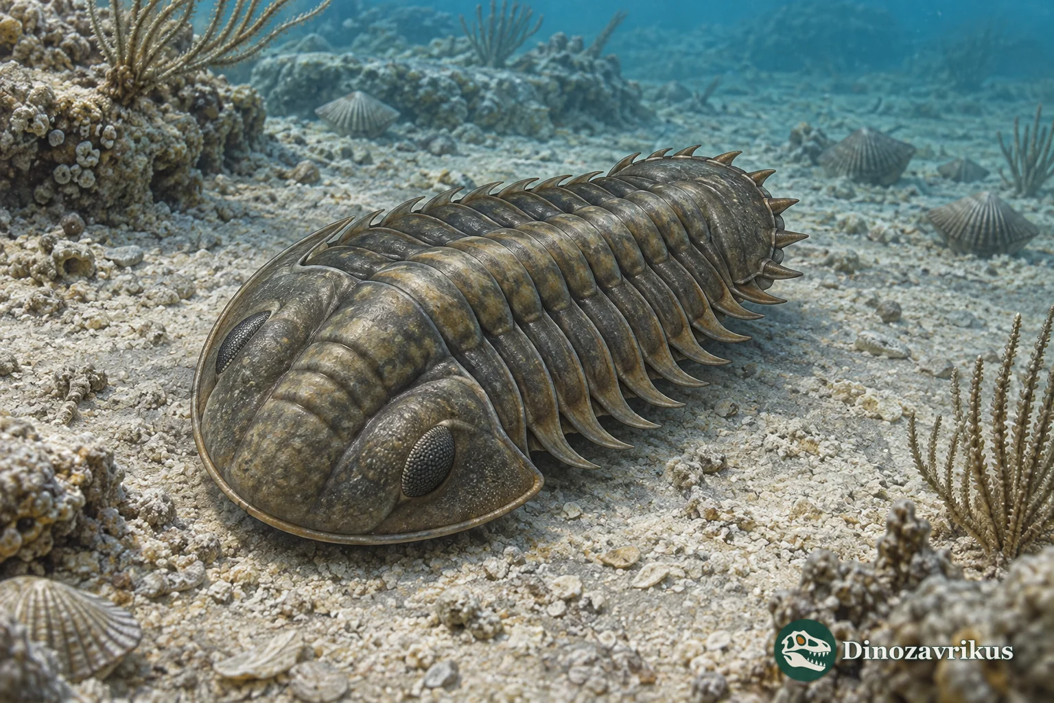 Ordovician Ceraurinella trilobite with an articulated segmented shell and paired pygidial spines above seafloor sediment