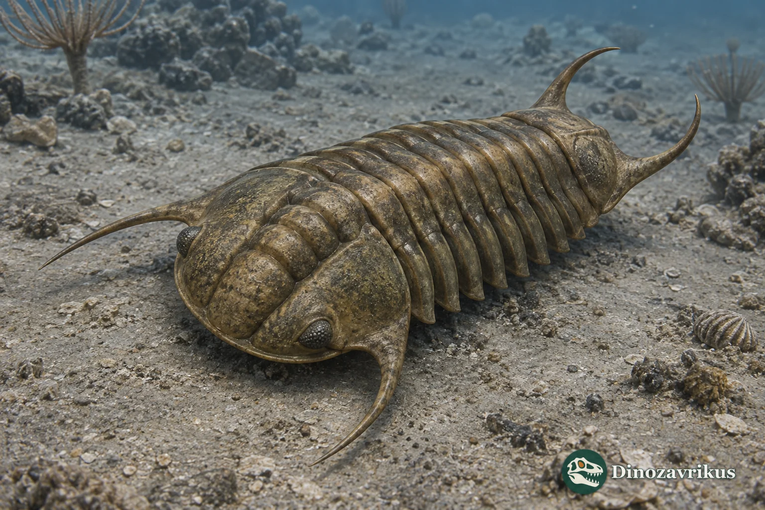 Ceraurus pleurexanthemus trilobite with long cheek and tail spines reconstructed over Ordovician seafloor sediment
