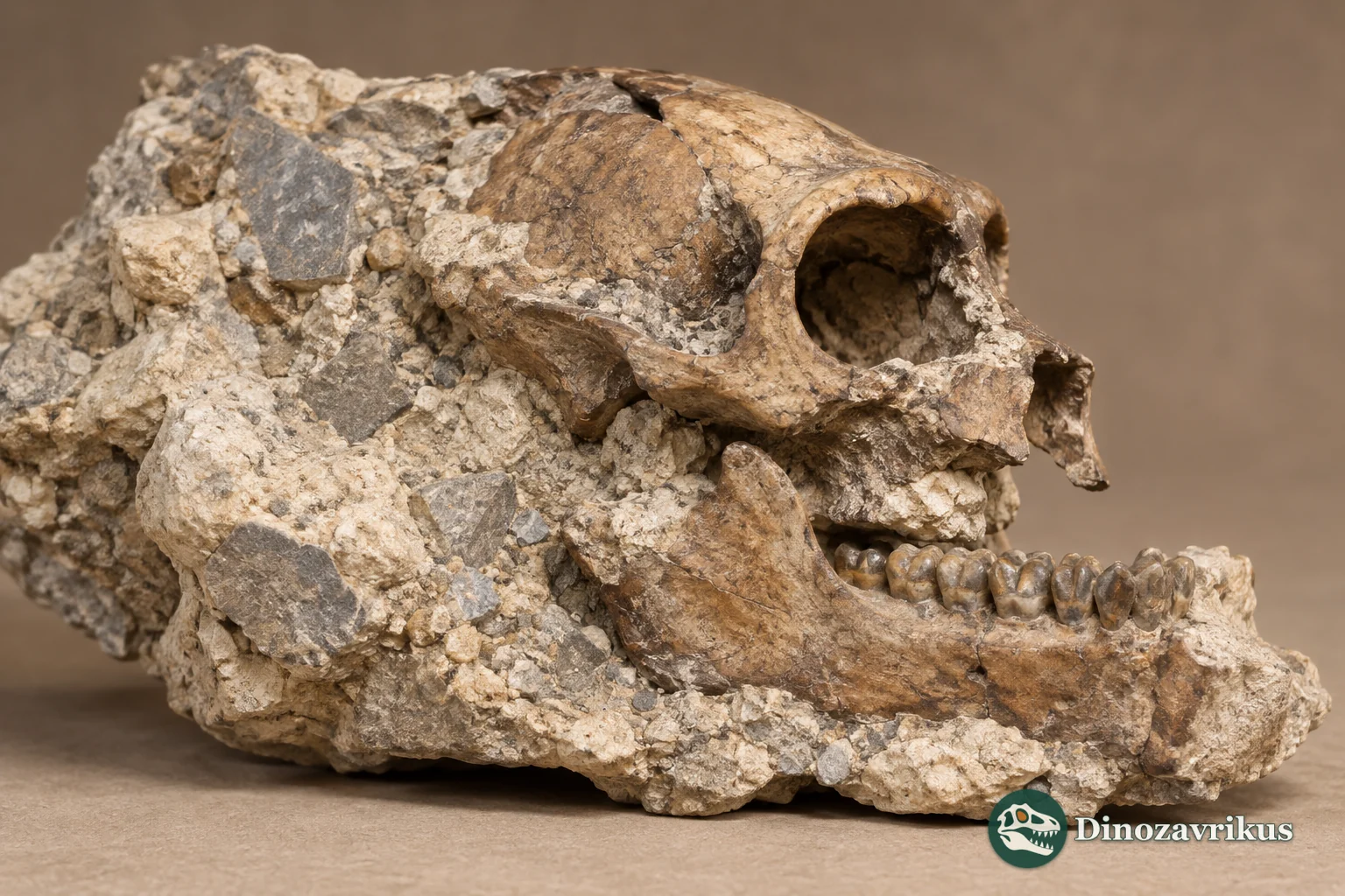 Interpretive illustration of a fossil colobine cranium and jaw in breccia
