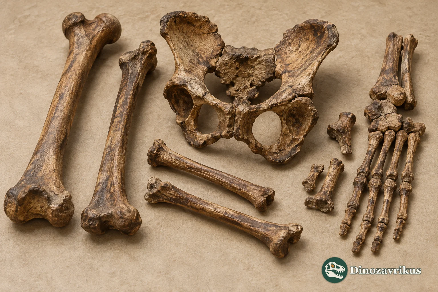 Interpretive display of fossil primate limb and pelvic bones