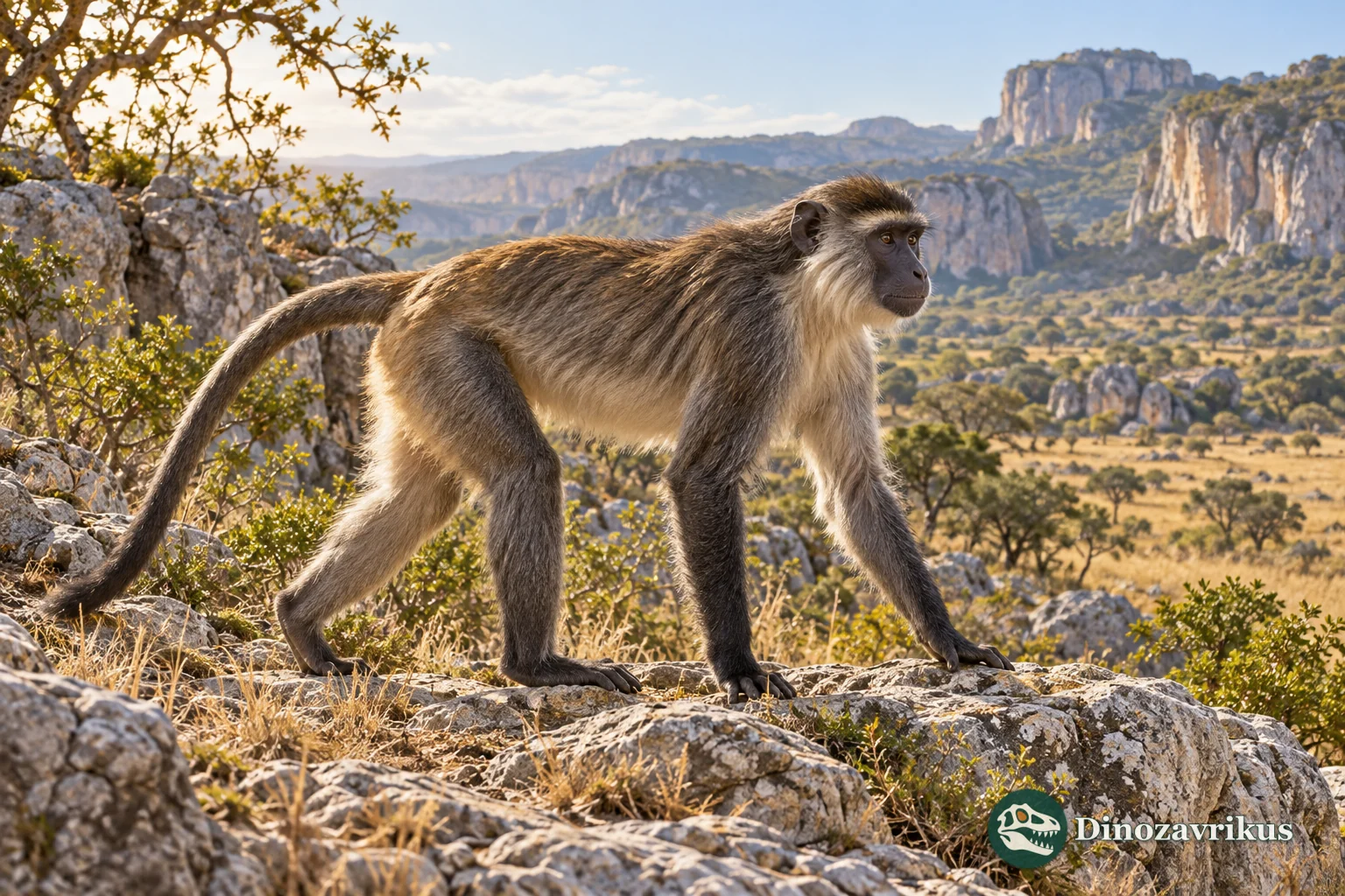 Artistic reconstruction of a Cercopithecoides monkey walking through ancient African rocky woodland