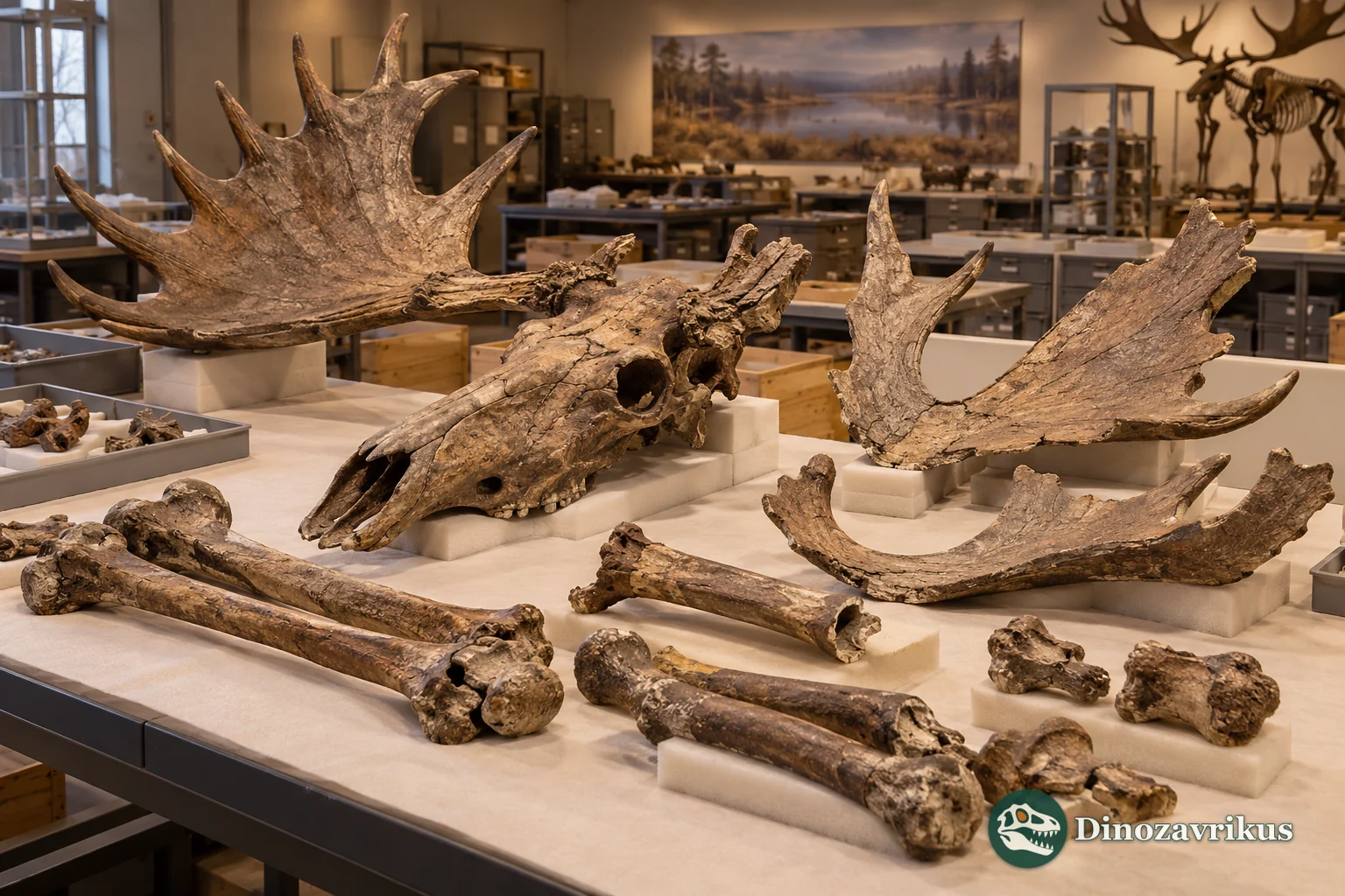 Illustrative Cervalces skull, antler and skeletal elements