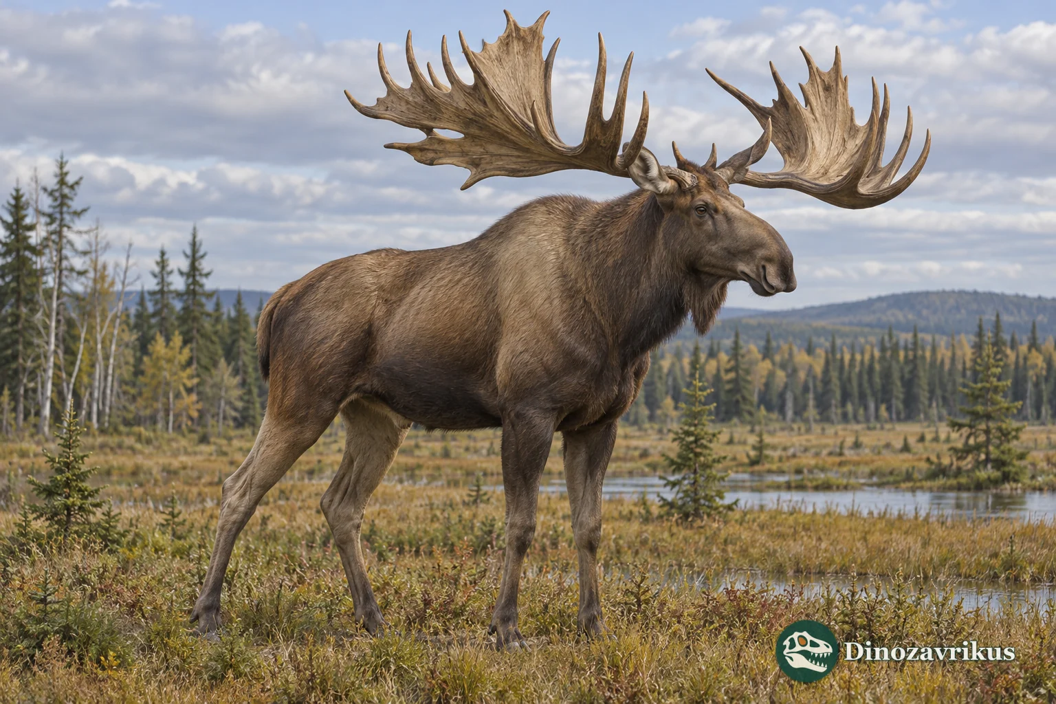 Artistic reconstruction of a Cervalces stag-moose in a glacial lake landscape