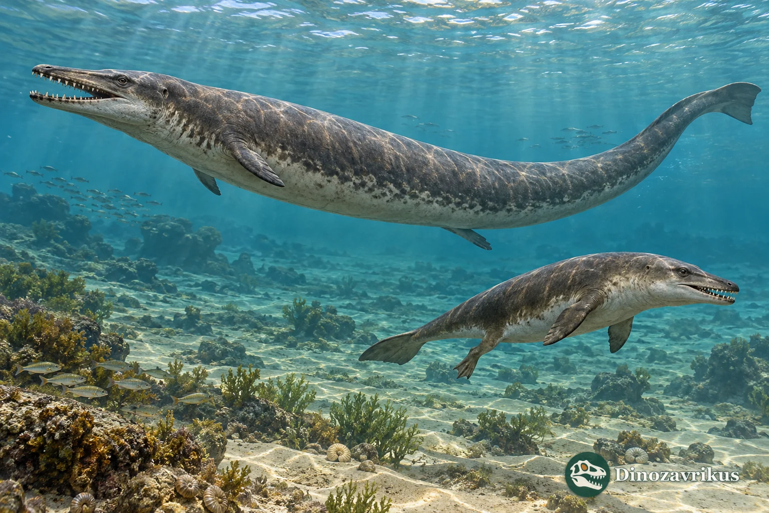 Two different archaeocete whales swimming in an Eocene marine basin