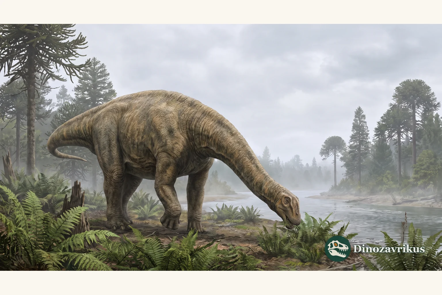 Cetiosaurus reconstructed beside a Middle Jurassic river in England