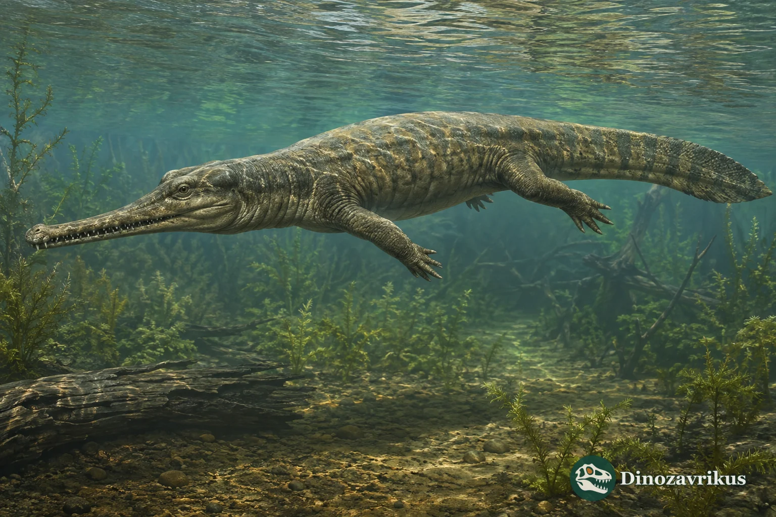 Champsosaurus swimming through a freshwater channel in Late Cretaceous North America