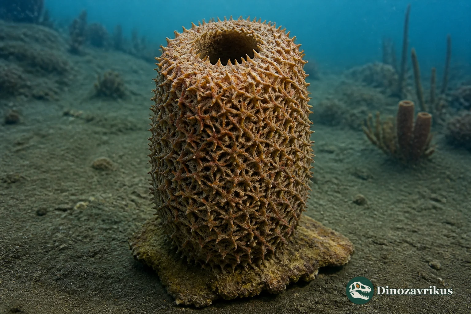 Chancelloria as a small upright sac on the Cambrian seafloor, covered in star-shaped sclerites around an open upper end