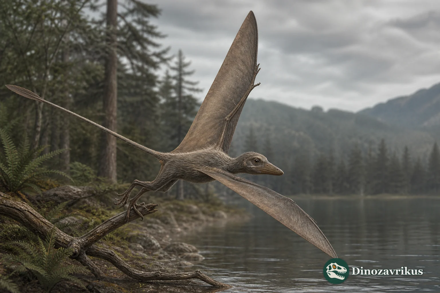 Changchengopterus flying low over a Jurassic lake shore