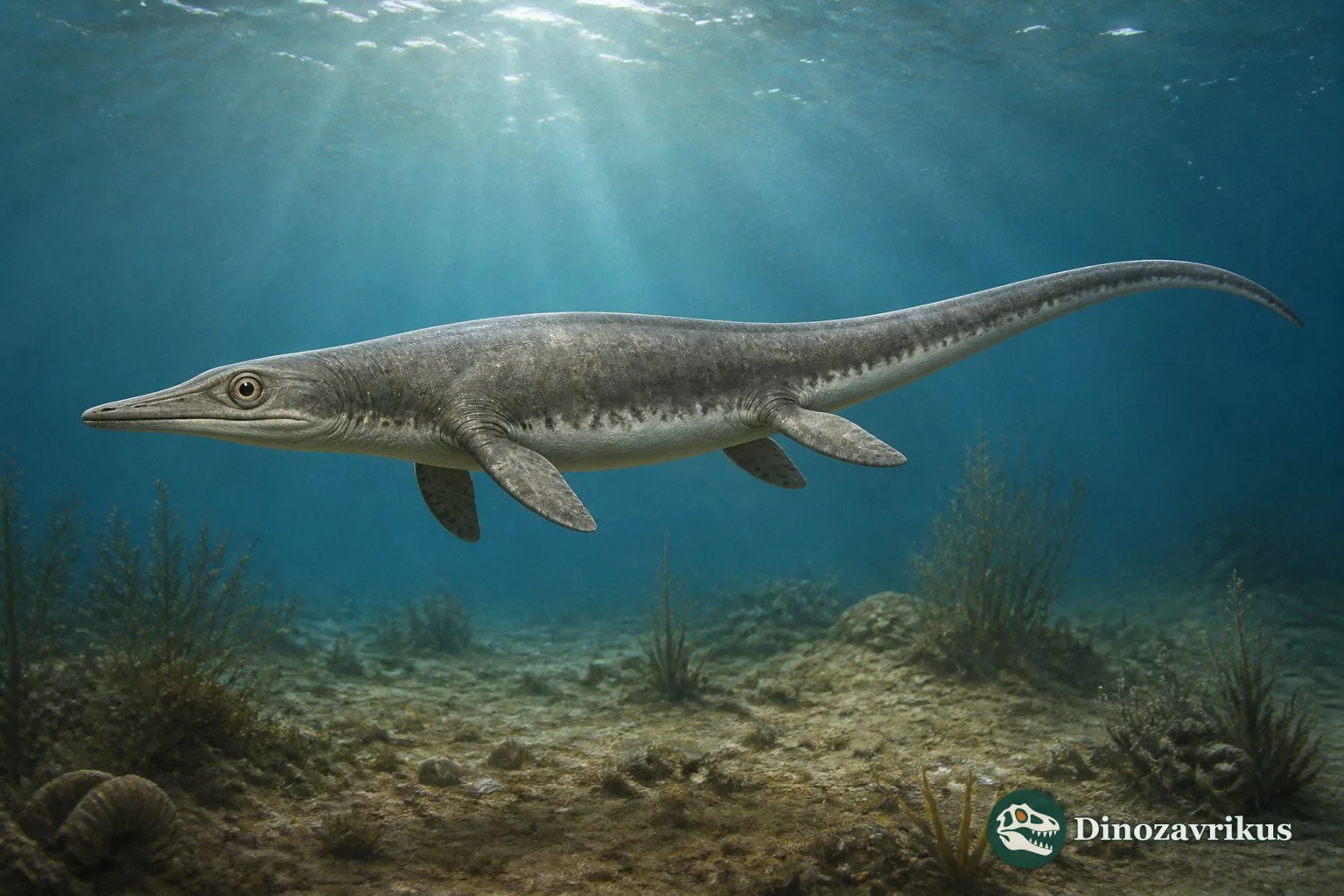 Chaohusaurus swimming over a South China seabed in the Early Triassic