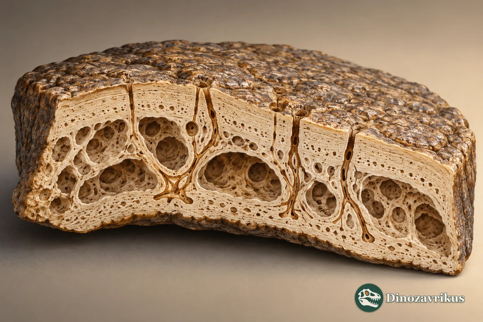 Illustrative cutaway showing cavities and channels inside a bony osteoderm
